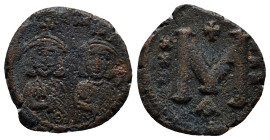 Nicephorus I, with Stauracius AD 802-811. Constantinople Follis Æ (19mm, 3.6 g). Facing busts of Nicephorus on the left, with short beard, and Staurac...