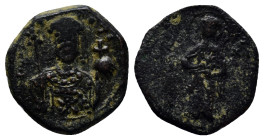 John II (1118-1143). Æ Half Tetarteron (16mm, 1.7 g). Thessalonica, c. 1137-1143(?). Christ Pantokrator standing facing on dais. R/ Facing bust of Joh...