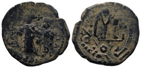 Heraclius and Heraclius Constantine. 610-641. AE overstuck follis (27mm, 8.9 g) Heraclius and Heraclius Constantine standing facing, each crowned and ...