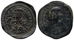 Constantine X Ducas (1059-1067 AD) Constantinople AE Follis or AE Nummi (28mm, 4.8 g) Obv: Crowned facing bust of Constantine, wearing loros, holding ...
