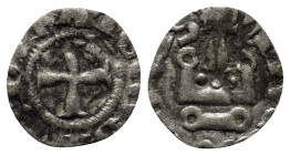 Philippe de Savoy AD 1301-1307. Corinth Denar AR (13mm, 0.5 g). +. PHS DE SAB P ACHE; cross. / + DE CLARENCIA; cross over castell.