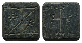 Byzantine Coin weights. 4th-5th centuries. Æ solidi weight (12mm, 4.2 g). Square type. N / long cross.