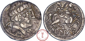Celtibère, Tarazona (Zaragoza), Denier, 120-20 avant J.-C., Av. Tête barbue à droite, KA – S – TU en alphabet ibérique, Rv. Cavalier à droite armée d'...