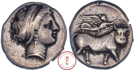 Campanie, Neapolis, Statère, Vers 320-300 avant J.-C., Av. Tête de nymphe à droite, Rv. Taureau à tête d'homme marchant à droite, au-dessus une Victoi...