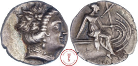 Euboia, Histiaia, Tetrobole, Vers 196-146 avant J.-C., Av. Tête laurée de la nymphe Histiaia à droite, Rv. Histiaia assise à droite sur la poupe d'une...