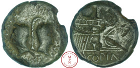 Jules César et Octavien, Dupondius, 36 avant J.-C., Lyon, Lugdunum, Av. IMP CAESAR DIVI F DIVI IVLI, Tête laurée de César à gauche, tête d'Octave à dr...
