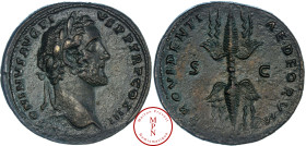 Antonin le Pieux (138-161), Sesterce, 142, Rome, Av. ANTONINVS AVG PIVS P P TR P COS III, Tête laurée à droite, Rv. PROVIDENTIAE DEORVM, Foudre de Jup...