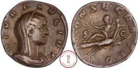 Pauline (235), Sesterce, 236, Rome, Av. DIVA PAVLINA, Buste à droite coiffé d'un voile, Rv. CONSECRATIO, L'Impératrice levant la main et tenant un sce...