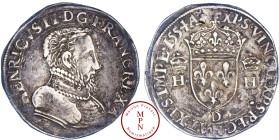 Henri II (1547-1559), Teston, Buste cuirassé, 1554, D, Lyon, Av. HENRICVS. II. D G. FRANC. REX. A, Buste cuirassé à gauche, Rv. XPS. VINCIT. XPS. REGN...
