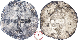 Henri III (1574-1589), Quart d'écu, Croix de face, 1582, H, La Rochelle, Av. HENRICVS III. D G. FRANC. ET. POL. REX. 1582, Croix fleurdelisé, Rv. SIT....