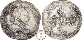 Henri III (1574-1589), Demi Franc au col gaufré, 1587, A, Paris, Av. HENRICVS III. D. G. FRANC. ET. POL. REX. 1582, Buste lauré et cuirassé à droite,,...