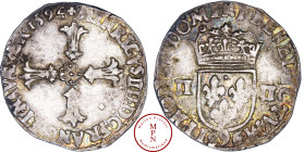 Henri IV (1589-1610), Quart d'écu, 3e type avec croix aux bras fleuronnés de face, 1594, 9, Rennes, Av. + HENRICVS IIII D G FRANC ET NAVA REX 1594, Cr...