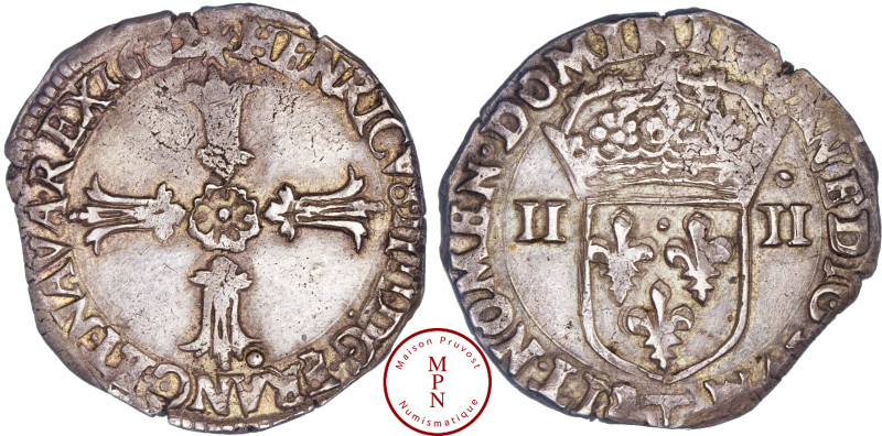 Henri IV (1589-1610), Quart d'écu, 3e type avec croix aux bras fleuronnés de fac...