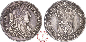 Louis XIV (1643-1715), 1/12 Écu au buste juvénile, 1661, N, Montpellier, Coin choqué au droit, Av. LVD XIIII D. G FR. ET. NAV. REX, Buste lauré, drapé...