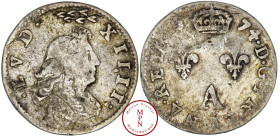 Louis XIV (1643-1715), 2 Sols des Traitants, 1674, A, Paris, Av. LVD. . XIIII, Buste à droite, une couronne de laurier au-dessus de la tête, Rv. D. G....