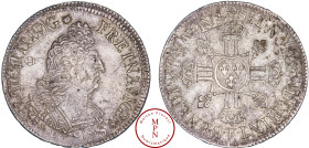 Louis XIV (1643-1715), Demi écu aux 8L 2e type, 1704, K, Bordeaux, Av. LVD XIIII D. G FR. ET. NAV. REX, Buste cuirassé du Roi à droite, Rv. SIT. NOMEN...