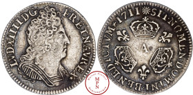 Louis XIV (1643-1715), 1/10 Écu aux 3 couronnes, 1711, A, Paris, Av. LVD. XIIII. D. G. FR. ET. NAV. REX. Buste cuirassé à droite, Rv. SIT. NOMEN. DOMI...