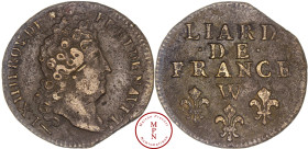 Louis XIV (1643-1715), Liard de France, Liard de Lille, 1713, W, Lille, Av. L. XIIII. ROY. DE. FR. ET. NAV. 1713, Tête du Roi à droite, Rv. LIARD. DE....