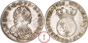 Louis XV (1715-1774), ¼ d'écu vertugadin, 1716, B, Rouen, Av. LVD. XV. D. G. FR. ET. NAV. REX., Buste enfantin à droite, Rv. SIT. NOMEN. DOMINI. BENED...
