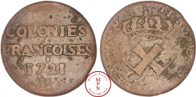 Louis XV (1715-1774), Neuf deniers, Colonies Françoises, 1721, H, La Rochelle, Av. COLONIES / FRANÇOISES / 1721 / H, Rv. SIT. NOMEN. DOMINI. BENEDICTU...