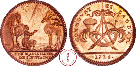 Louis XV (1715-1774), Jeton, Les Marguillers de Saint Eustache, 1726, Paris, Av. Scène du miracle de Saint Eustache ou le Christ apparaît sous la form...