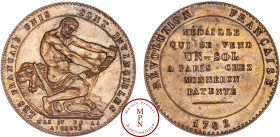 Louis XVI (1774-1792), Constitution, Monneron de un sol à l'Hercule, 1792,, Av. LES FRANCAIS UNIS SONT INVINCIBLES / L'AN IV DE LA LIBERTE, Hercule es...