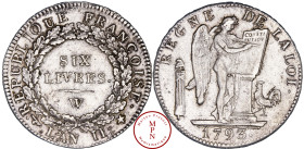 Convention (1792-1795), Écu de 6 livres, 1793, AN II, W, Lille, Av. REGNE DE LA LOI, Génie écrivant la Constitution sur une tablette posée sur un aute...