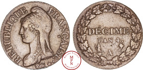 Directoire (1795-1799), Décime, Dupré petit module, AN 4, A, Paris, Av. REPUBLIQUE FRANCAISE, Buste de Marianne à gauche, Rv. Dans une couronne : DECI...