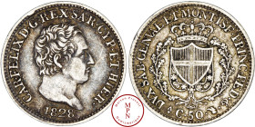 Charles Félix (1821-1831), 50 Centesimi, 1828, Turin, Av. CAR. FELIX. D. G. REX. SAR.CYP. ET HIER, Tête nue à droite, Rv.DVX SAB. GENVAE ET MONTISF. P...