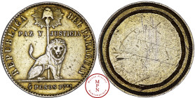 République de Paraguay (1813-), 4 Pesos Fuertes, essai en argent doré (silver gold-plated pattern), 1855, Paris, Par Louis-Charles Bouvet, Av. REPUBLI...