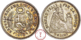 République du Perou (1821-) Dinero, 1872/62, Lima, Av. REPUB. PERUANA LIMA 9 D. FINOY. J, Armes du Pérou, Rv. FIRMEY FELIZ POR LA UNION, La Liberté as...