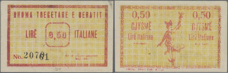 Albania: 0.50 Lire Italiene 1924 P. S102, S/N #207601, sedom seen issue with lig...