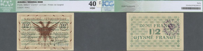 Albania: 1/2 Franc 01.03.1917 P. S141, printer AA Vangheli, S/N #A01624 with cen...