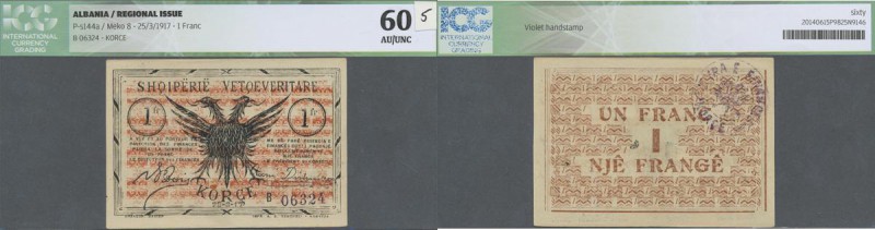 Albania: 1 Franc 1917 P. S144a, unfolded, crisp, no holes or tears, original col...