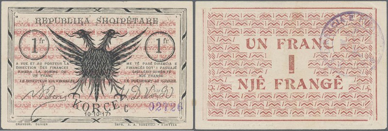 Albania: 1 Frang 10.10.1917 P. S146, light center and corner bends but no strong...