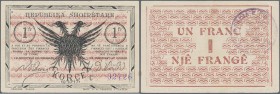 Albania: 1 Frang 10.10.1917 P. S146, light center and corner bends but no strong folds, crispness in paper and original colors, no holes or tears, con...