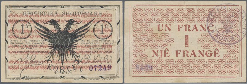 Albania: 1 Frang 10.10.1917 P. S146, used with one vertical fold and light handl...