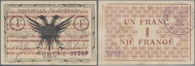 Albania: 1 Frang 10.10.1917 P. S146, used with one vertical fold and light handling / dints in paper, no holes, one 5mm tear at upper border along cen...