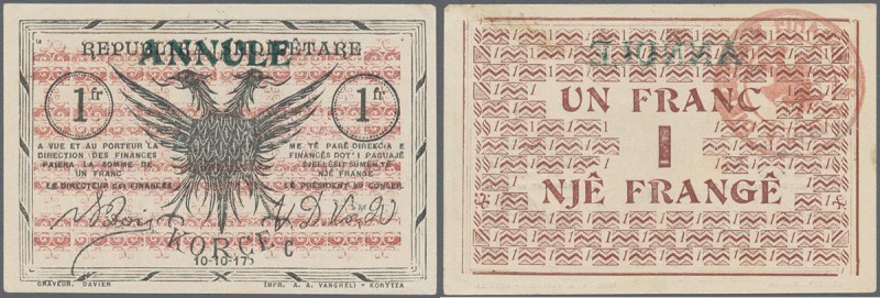 Albania: 1 Frang 10.10.1917 P. S146 with green overprint Annule at upper border ...