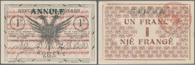 Albania: 1 Frang 10.10.1917 P. S146 with green overprint Annule at upper border on front, minor corner fold and light handling in paper but no folds, ...