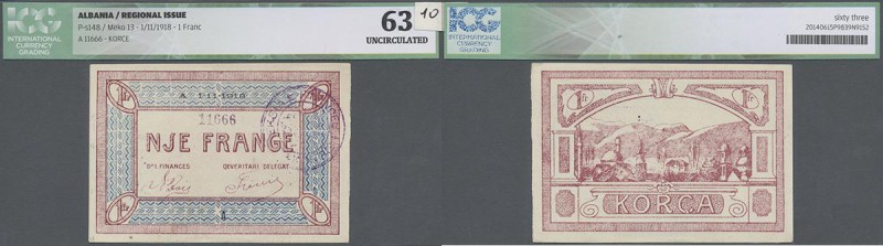 Albania: 1 Franc 01.11.1918 P. S148, unfolded, crisp paper and original colors, ...