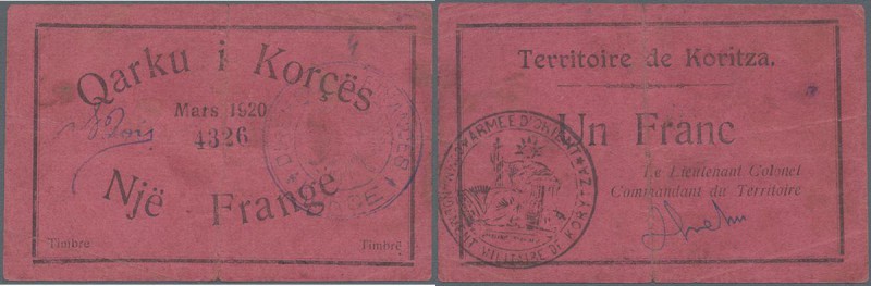 Albania: 1 Frange 1920 P. S154, used with folds and creases, stronger center fol...