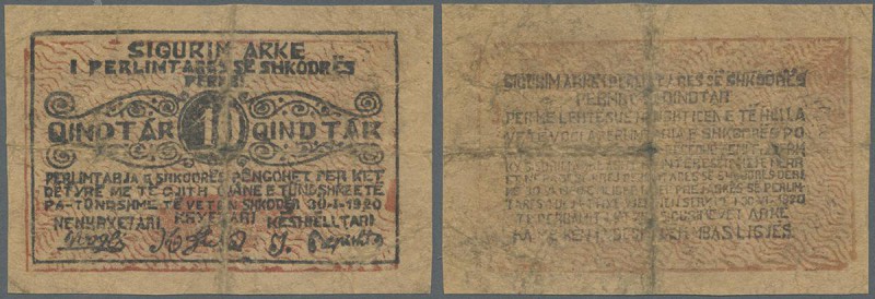 Albania: rare note TREASURY OF SHKODËR, Albania Qindtár Issue, 1 Qindtár 1920 P....