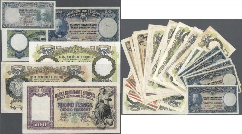 Albania: set of 38 notes containing 1x 5 Franka ND(1926) P. 2b (VF), 7x 20 Frank...