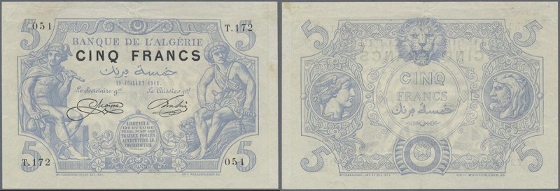 Algeria: Banque de l'Algérie 5 Francs July 19th 1912, P.71a, very early issue in...