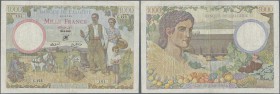 Algeria: 1000 Francs 1941 P. 86, S/N 3052164 C.123, Banque de l'Algerie, watermark woman's head, large size note with nice design, used with vertical ...