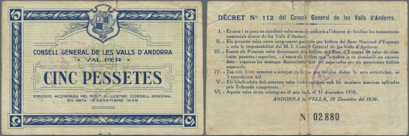 Andorra: rare note of 5 Pessetes 1936 P. 6, used with folds and creases, stronge...