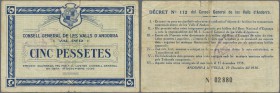 Andorra: rare note of 5 Pessetes 1936 P. 6, used with folds and creases, stronger center fold, but no large damages, no repairs, original as taken fro...