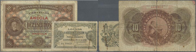 Angola: Banco Nacional Ultramarino pair with 5 Centavos 1918 P.49 and 10 Escudos...