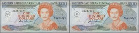 Anguilla: rare set of 2 CONSECUTIVE 100 Dollars ND P. 20u with serial numbers A123720V and A123721V, first one in UNC, second one in aUNC with light d...